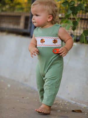 Fall Thanksgiving Chicken Smock Embroidered Green Boys Romper