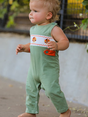 Fall Thanksgiving Chicken Smock Embroidered Green Boys Romper