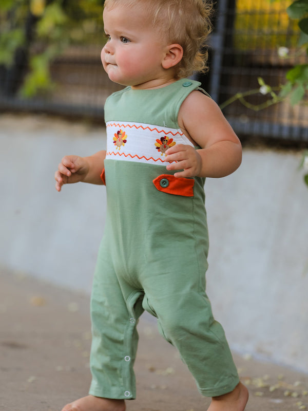 Fall Thanksgiving Chicken Smock Embroidered Green Boys Romper