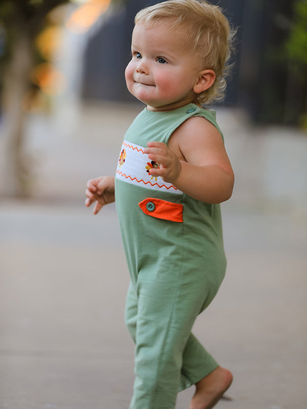 Fall Thanksgiving Chicken Smock Embroidered Green Boys Romper