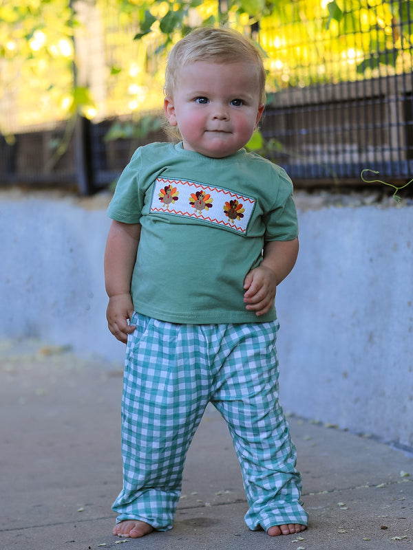 Fall Thanksgiving Chicken Smock Embroidered Green Plaid Boys 'Set
