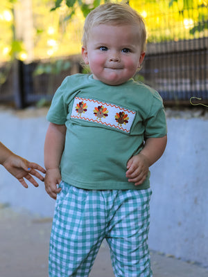 Fall Thanksgiving Chicken Smock Embroidered Green Plaid Boys 'Set