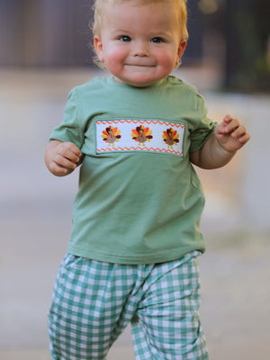 Fall Thanksgiving Chicken Smock Embroidered Green Plaid Boys 'Set