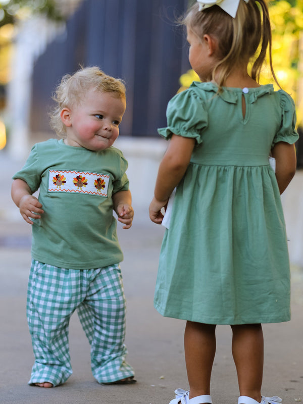 Fall Thanksgiving Chicken Smock Embroidered Green Plaid Boys 'Set