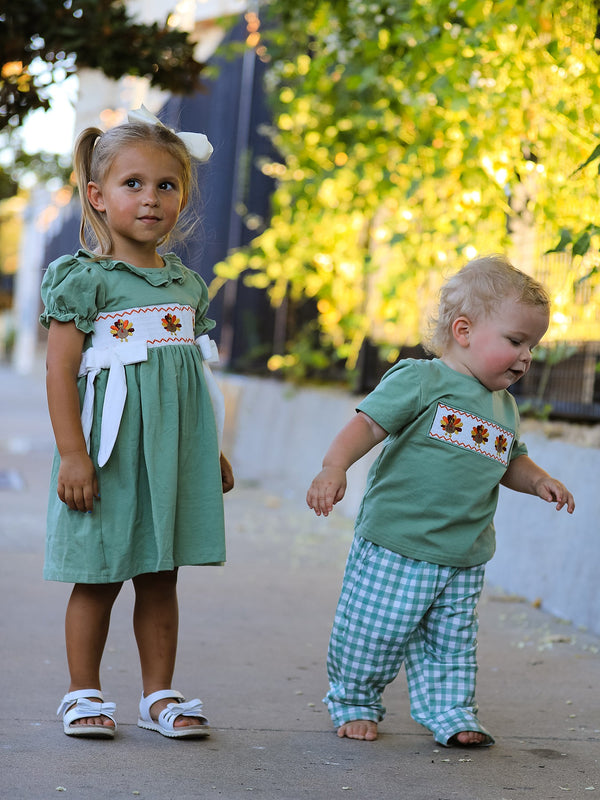 Fall Thanksgiving Chicken Smock Embroidered Green  Baby Girl Dress