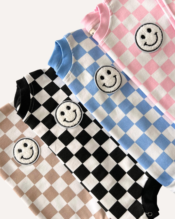 Bubble Romper | Checkered Smiley Black
