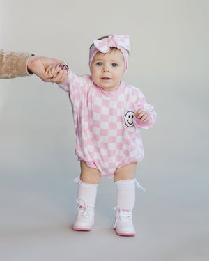 Bubble Romper | Checkered Smiley Pink