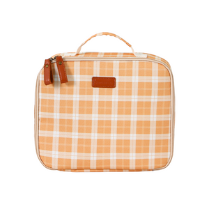 Insulated lunch bag in buckwheat plaid design, perfect for keeping baby food fresh and stylish on the go.