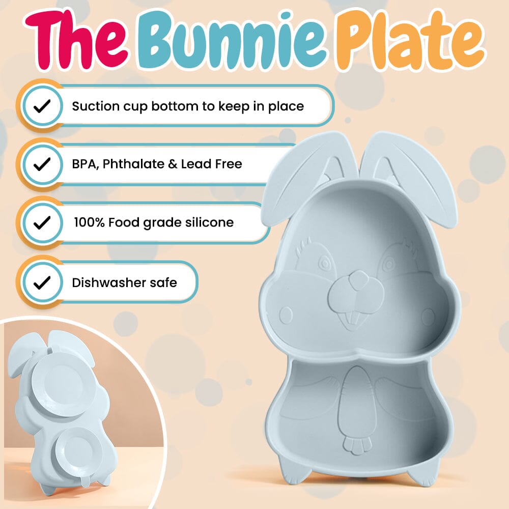 BunniePlate Toddler Training Plate in blue, perfect for mealtime fun and learning for little ones.