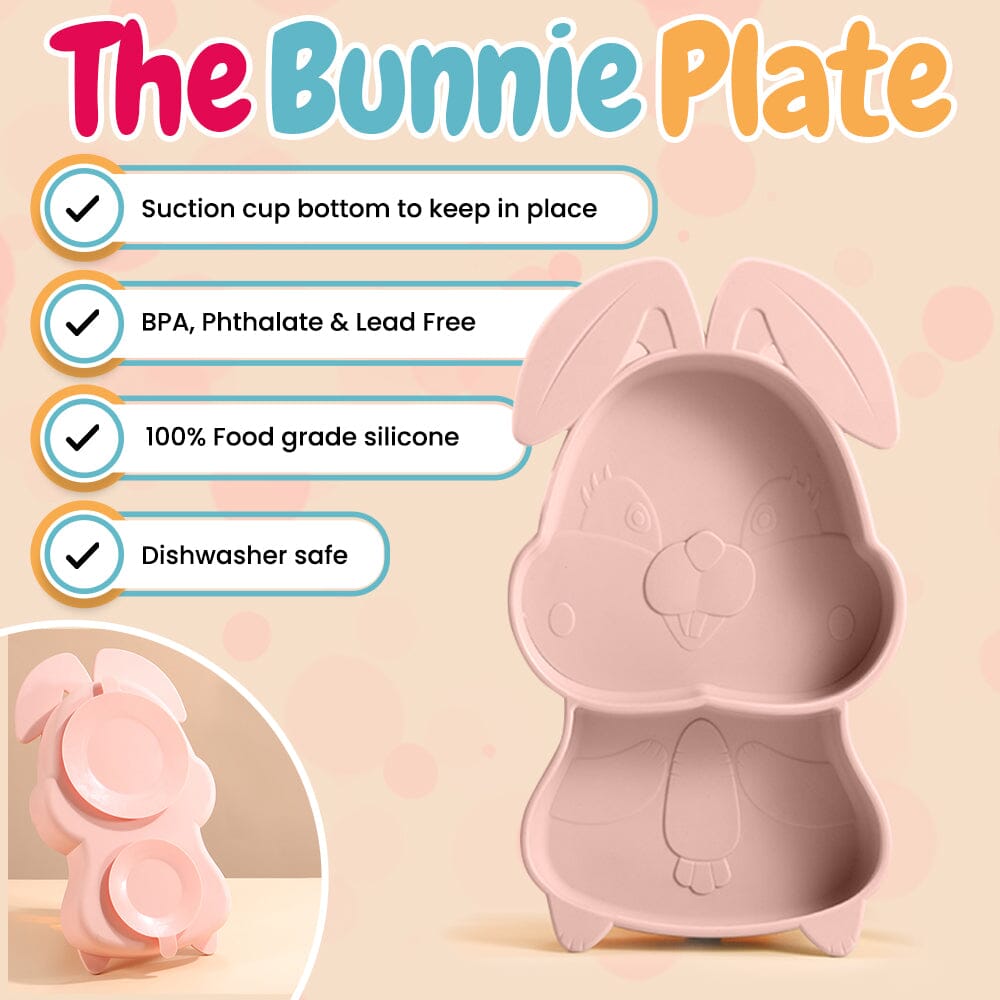 BunniePlate pink toddler training plate for easy and fun mealtime. Perfect for little ones learning to eat.