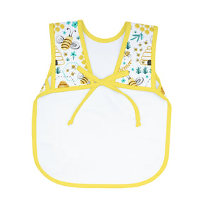 "Busy Bees Bapron for babies, angle view showcasing vibrant design and practical features for mealtime messes."