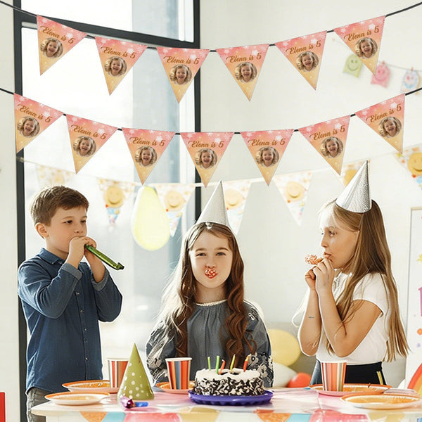 Personalized Photo Birthday Flag Banner – Custom Name & Age for Kids, Adults & Pets - Pink Peach or Blue