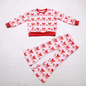 Red Santa bows lounge set for babies, perfect for festive playtime and cozy moments.