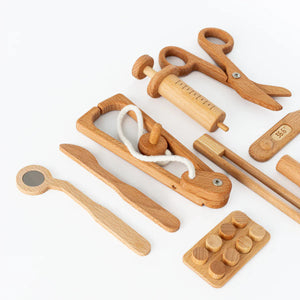 Wooden Doctor Pretend Play Set for kids, featuring Montessori medical tools, displayed at an angle.