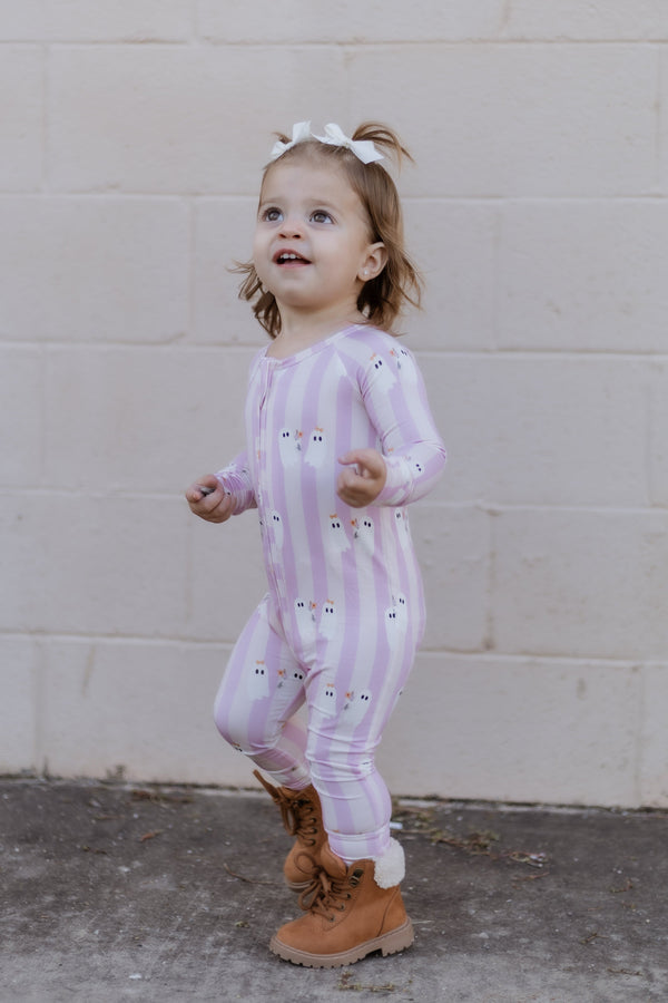 Be My Boo Halloween Bamboo Zippy Pajamas for babies, featuring a playful design in a cozy zip-up style.