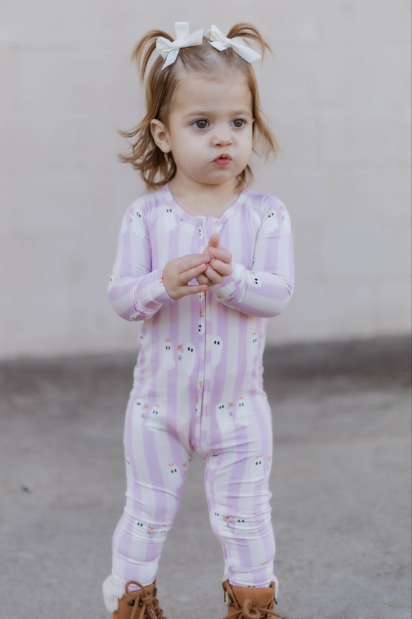 Be My Boo Halloween Bamboo Zippy Pajamas for babies, featuring a playful design in a cozy zip-up style.