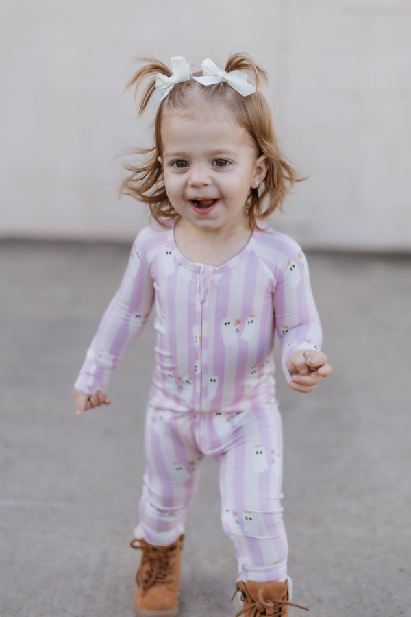 Be My Boo Halloween Bamboo Zippy Pajamas for babies, featuring a fun spooky design in a cozy zip-up style.