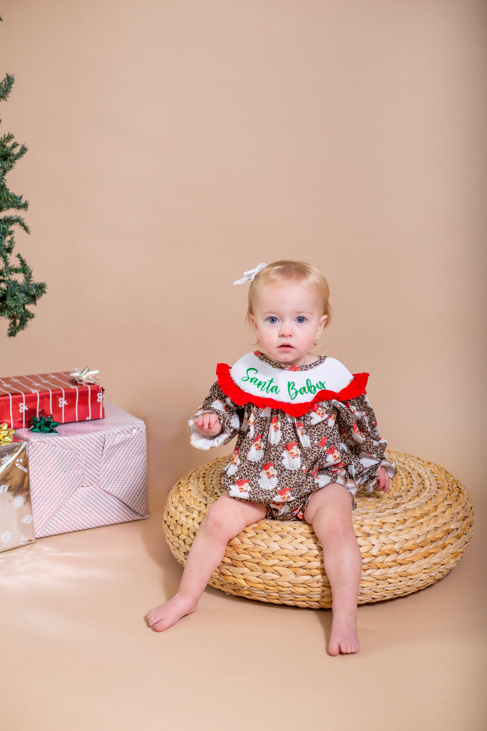 Santa baby smocked ruffle romper