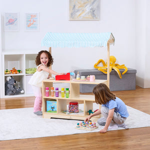 Holly Wooden Market Stand for kids - indoor pretend play shop and display shelf, angle view 6.