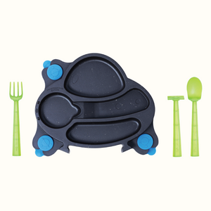 UFO Training Plate and Utensils set for babies, featuring a fun design for easy feeding and self-feeding practice.