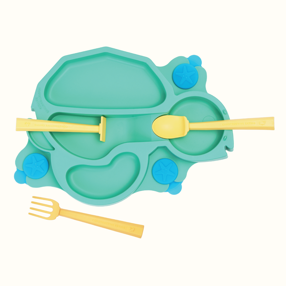 Turtle Training Plate and Utensils for babies - fun, safe feeding essentials for mealtime learning.