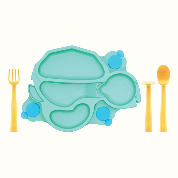 Turtle Training Plate and Utensils for babies, designed for easy feeding and fun mealtime experiences.