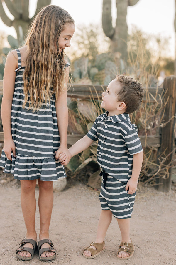Baby stripe linen cotton shorts in angle view, perfect for warm weather and stylish comfort.