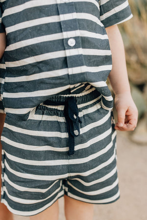 Baby stripe linen cotton shorts in angle view, perfect for warm weather and stylish comfort.