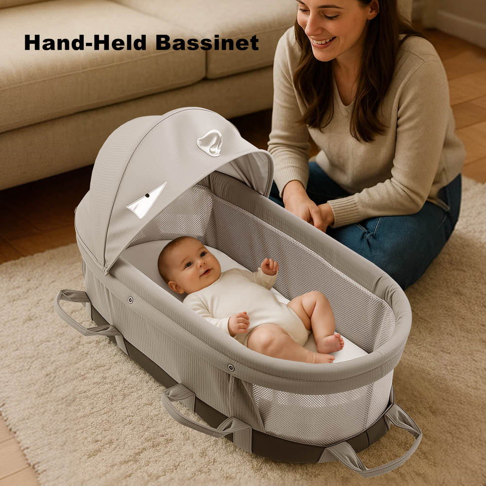 Portable baby bassinet for comfortable sleep and easy transport, perfect for nursing and feeding needs.