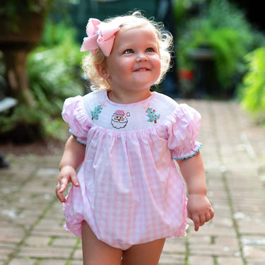Smocked Christmas Bubble for girls - festive holiday outfit for infants.