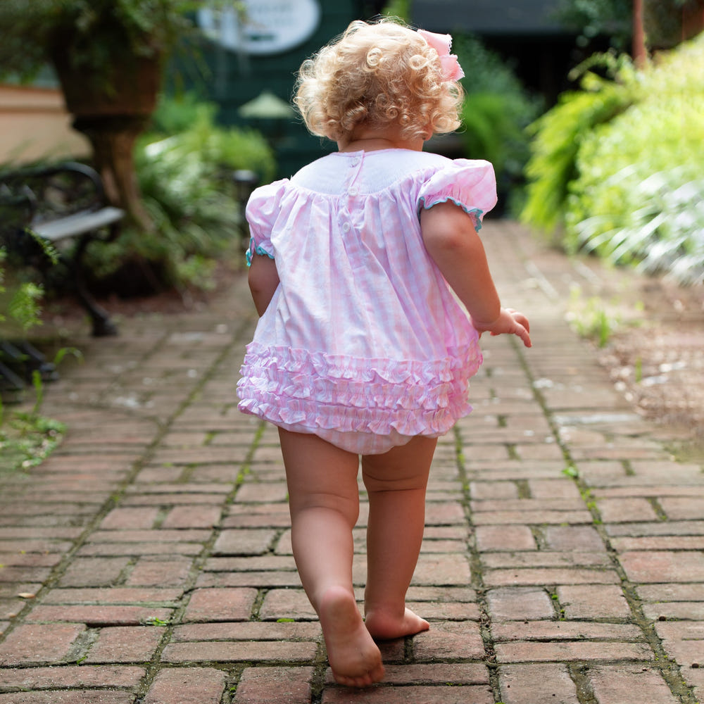 Smocked Christmas Bubble for girls - festive holiday outfit for infants.