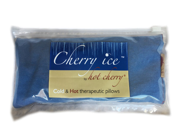 Cherry Ice® Blue Denim Eye Pillow in zip-close freezer bag for soothing relaxation and comfort.