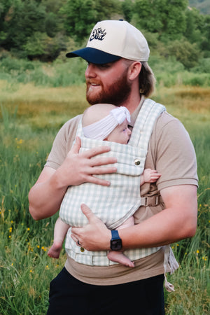 Monroe x Coco Gingham Cotton Baby Carrier for infants 7-35 lbs, stylish and comfortable for parents and babies.
