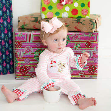 Pink Cookies For Santa Romper for girls, perfect holiday outfit for festive celebrations.