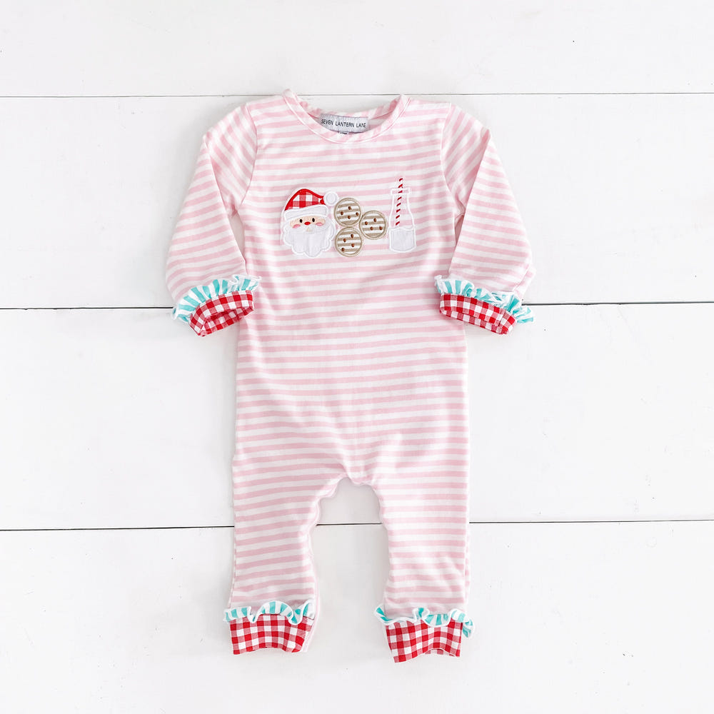 Pink Cookies For Santa Romper for girls, perfect holiday outfit for festive celebrations.
