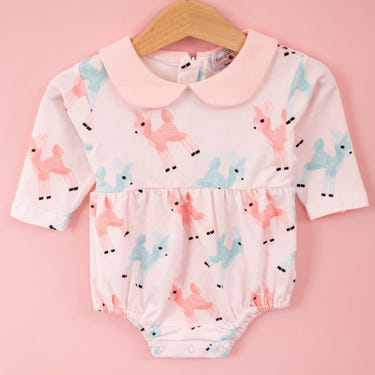 Pink Christmas Romper with Retro Deer for Babies