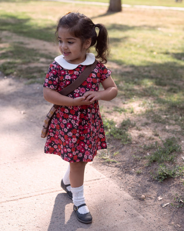 Retro Mod Navy and Pink Flower Peter Pan Collar Floral Dress