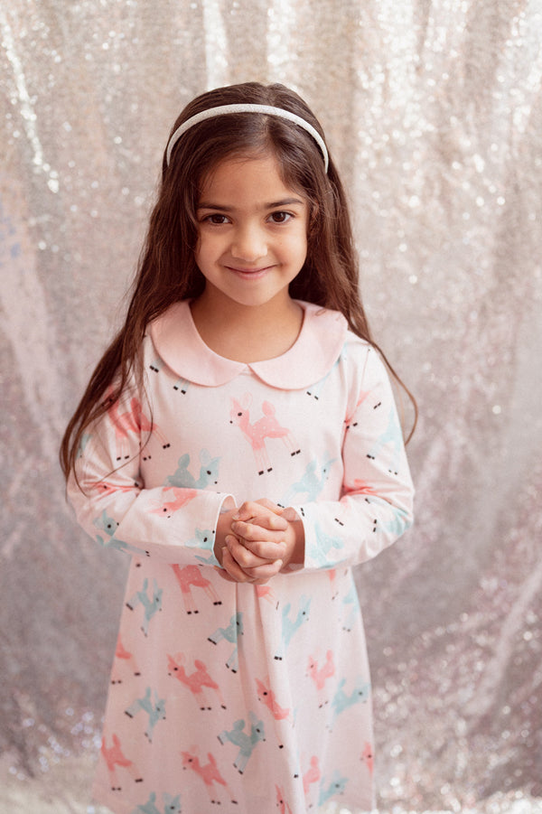 Pink Dress with Retro Deer for Girls