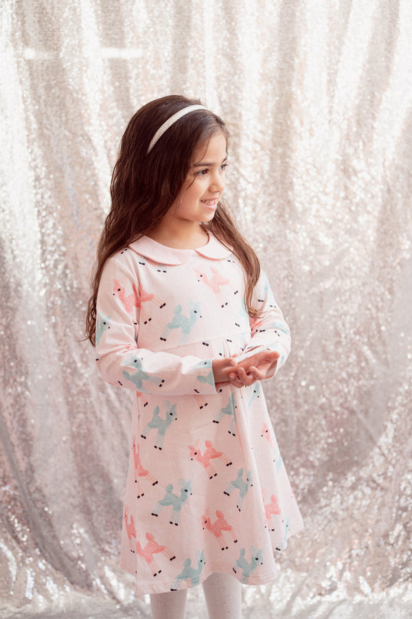 Pink Dress with Retro Deer for Girls