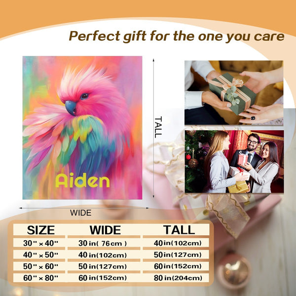 Personalized Rainbow Parrot Name Blanket | Colorful Bird Lover Gift