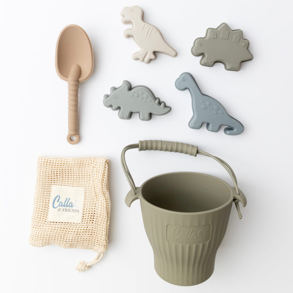 Dominic’s Dinos Silicone Beach Toy Set for outdoor and water play, featuring colorful dinosaur designs.