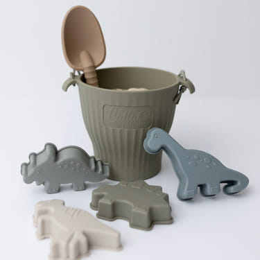 Dominic’s Dinos Silicone Beach Toy Set for outdoor and water play, featuring colorful dinosaur designs.