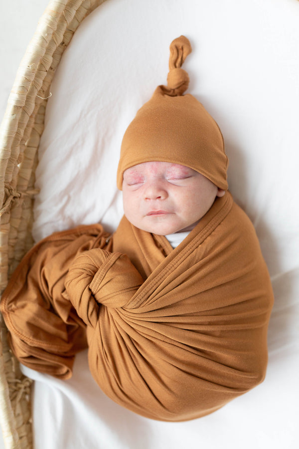 Swaddle Blanket and Hat Set - Camel Brown