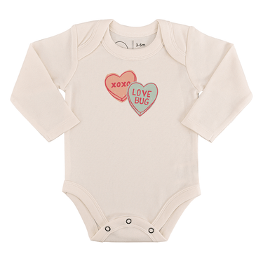 Long sleeve graphic bodysuit featuring candy hearts design for babies. Perfect for comfort and style.