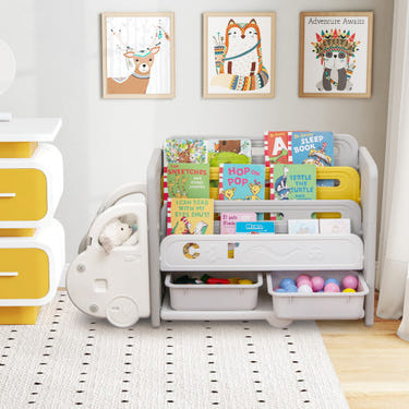 Car-themed kids toy storage and bookshelf for organizing toys and books in a fun, playful design.