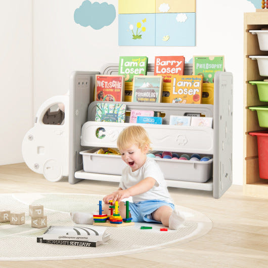 Car-themed kids toy storage and bookshelf for organizing toys and books in a fun, playful design.