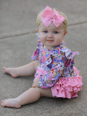 Fall Vintage Floral Print Girls Long Sleeve Romper