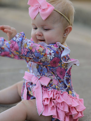 Fall Vintage Floral Print Girls Long Sleeve Romper