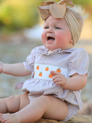 Fall Halloween & Thanksgiving Pumpkin Embroidery Smock Plaid Baby Girl Romper