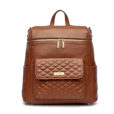 Stylish caramel Signature Diaper Bag for parents, featuring spacious compartments and a chic design.